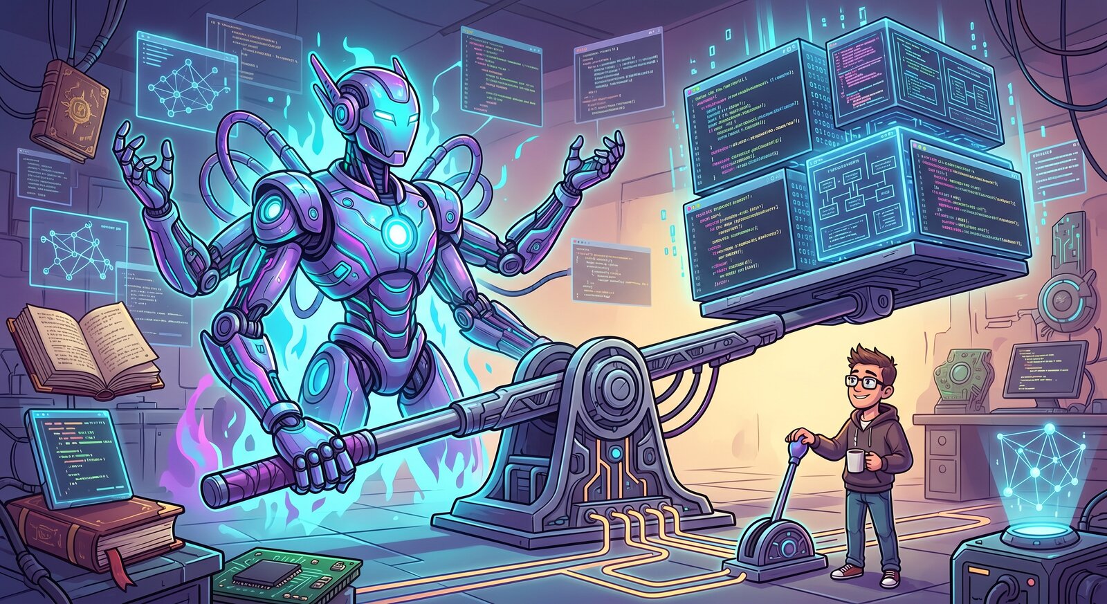 A small human leans on one end of a lever, easily lifting a towering AI agent and stacks of code panels on the other end.